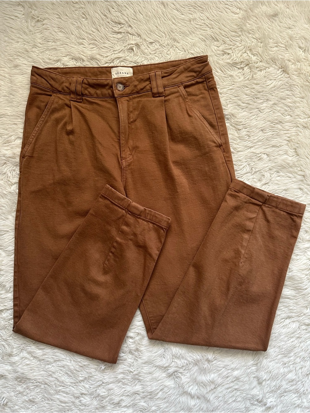 Sezane Pants Manu Trousers Front Pleats Tapered Leg Coffee Brown Sz 38 US 6 - Picture 3 of 15